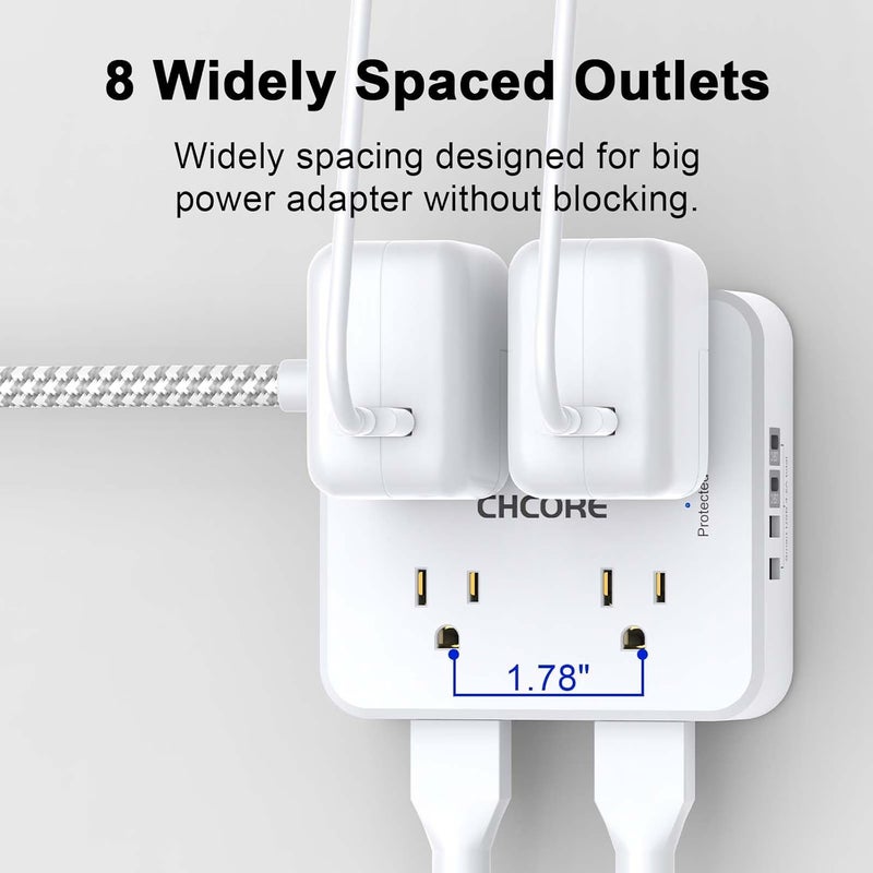 Core Surge Protector Power Strip - 15Ft Braided Extension Cord with 8 Outlets with 4 USB (2 USB C) Charging Ports, Flat Plug Multi Plug Outlet Extender Charging Station for Home Office, ETL, White - Image 4